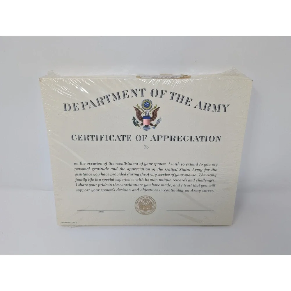 Department Of The Army Certificate Of Appreciation Spouse Enlist 1987 NEW 100qty